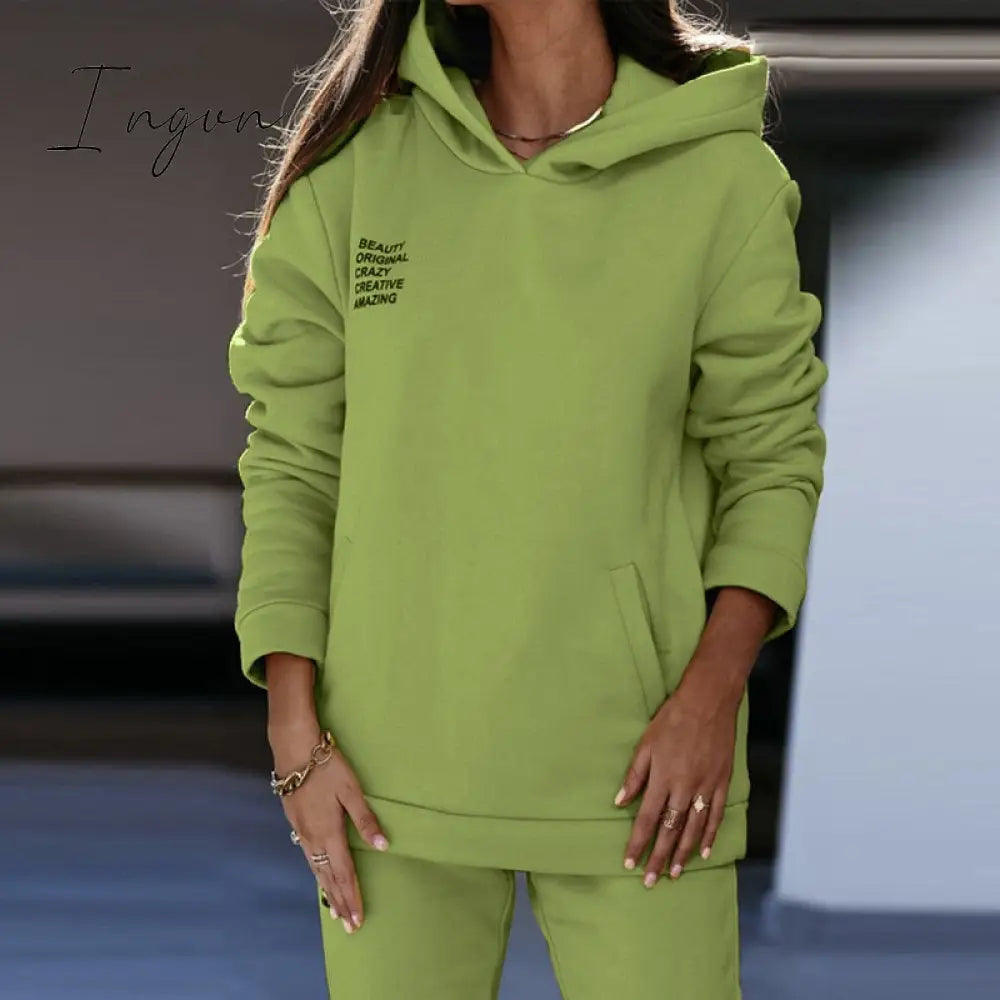 Ingvn - Women Fleece Letter Print Two Piece Set Casual Long Sleeve Hoodie Sweatshirts And Jogging Pants Suits Loose Female Tracksuits
