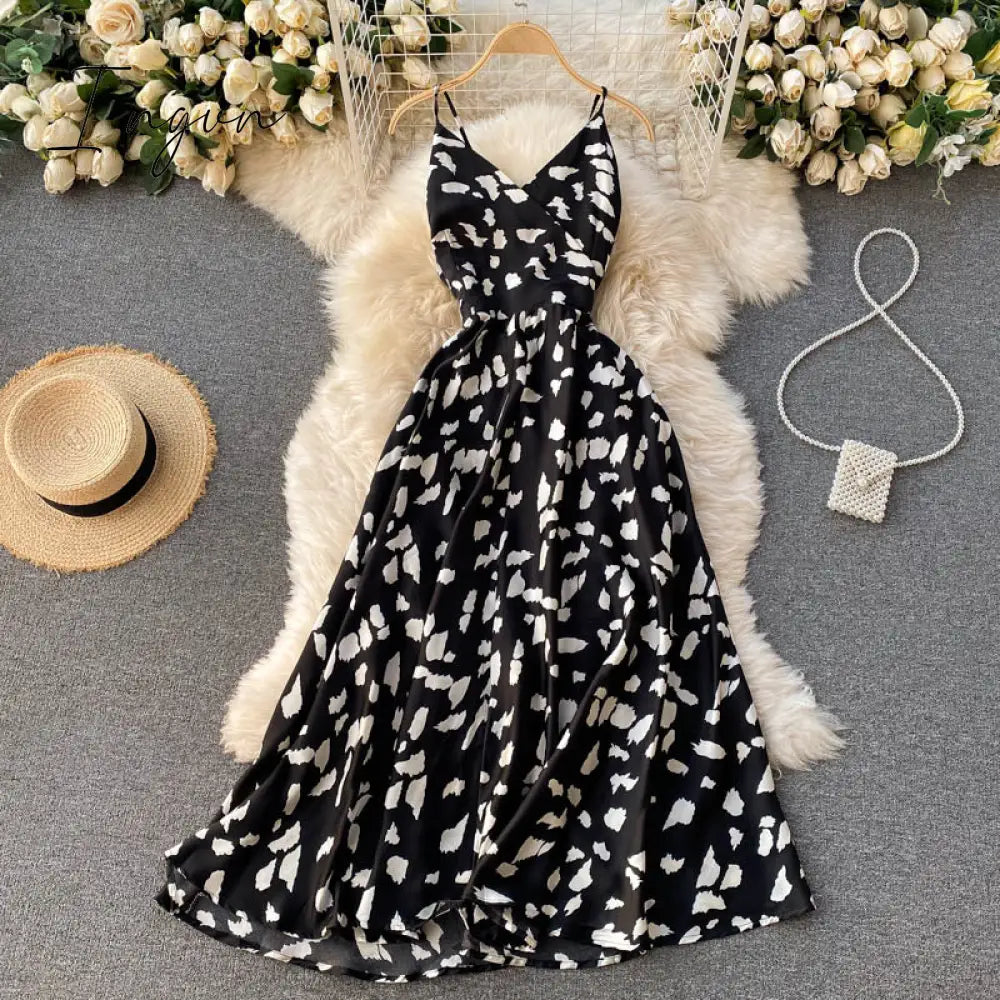 Ingvn - Boho Slim V Neck Summer bandage backless Maxi Long Dress Women Casual spaghetti strap Party Beach Holiday elegant tunic dress