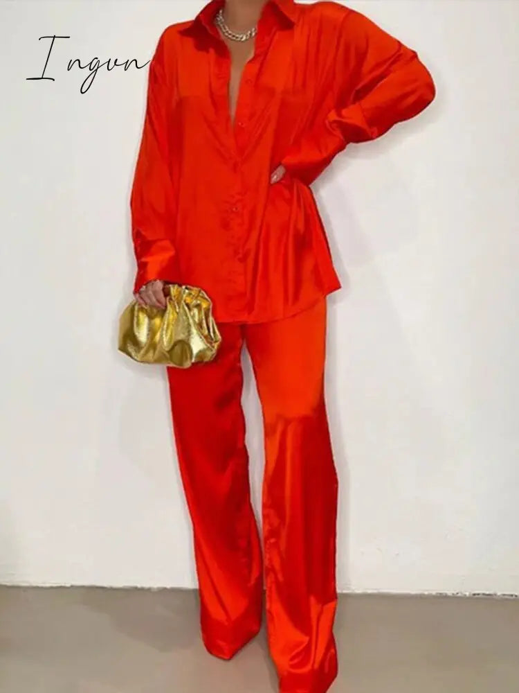 Ingvn - Women Elegant Satin Two Piece Sets Casual Feamle Solid Loose Outfits Long Sleeve Shirt And Wide Leg Straight Pants Suits