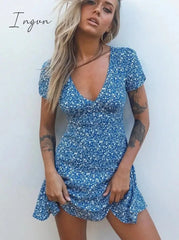 Ingvn - Fashion Foridol Blue Floral Print Summer Beach Dress Women Casual Holiday Short Sleeve Dress Boho Sundress Vestidos Fashion Clothes