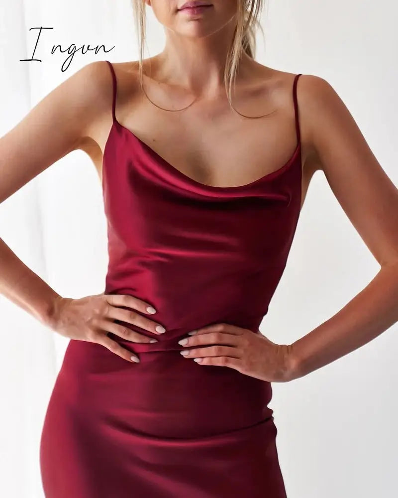 Ingvn - Summer Sleeveless Spaghetti Strap Black Silk Long Dress Sexy Backless Elegant Satin Bodycon Party Dress Woman Split Midi Dresses