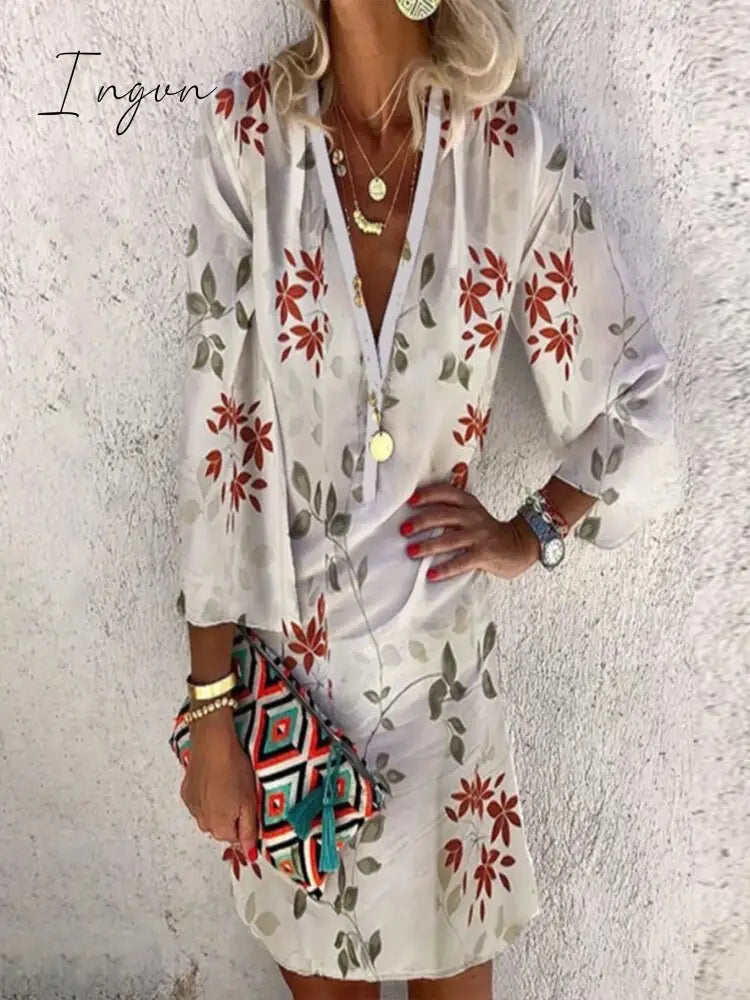 Ingvn - Women Fashion Floral Printed Summer Mid Length Dress Casual Long Sleeve Ladies A Line V Neck Office Street Holiday Dresses