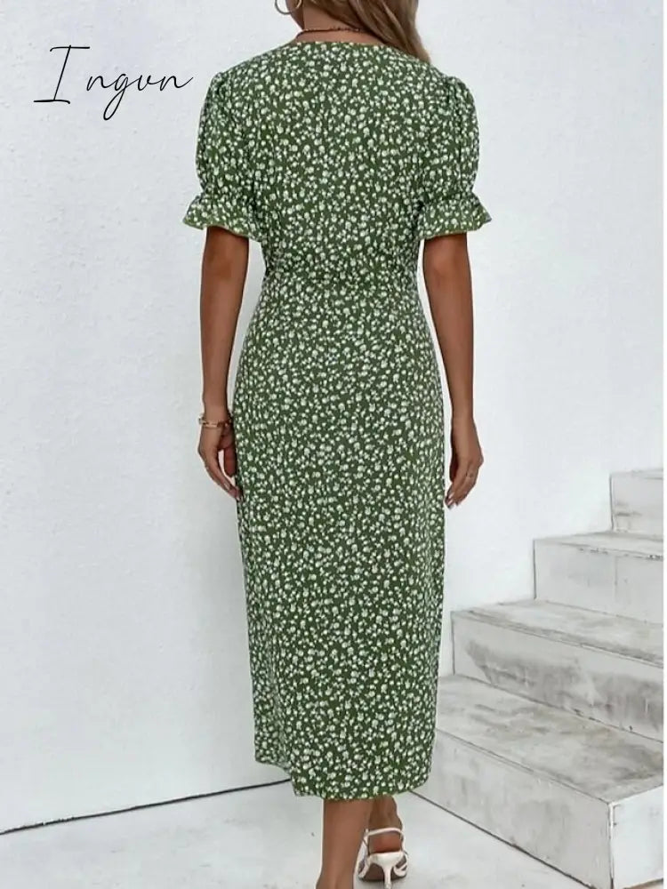 Ingvn - Women's Casual Dress Wrap Dress Floral Dress Floral Button Print V Neck Midi Dress Fashion Classic Daily Holiday Short Sleeve Regular Fit Black Dark Red Yellow Summer Spring S M L XL XXL