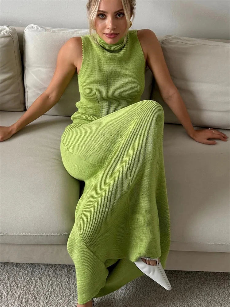 Elegant Knitwear 2 Piece-Set Long Dress Female Ribbed Sweater Pullover And Loose Patchwork Maxi Skirt Sets Ladies Outfits