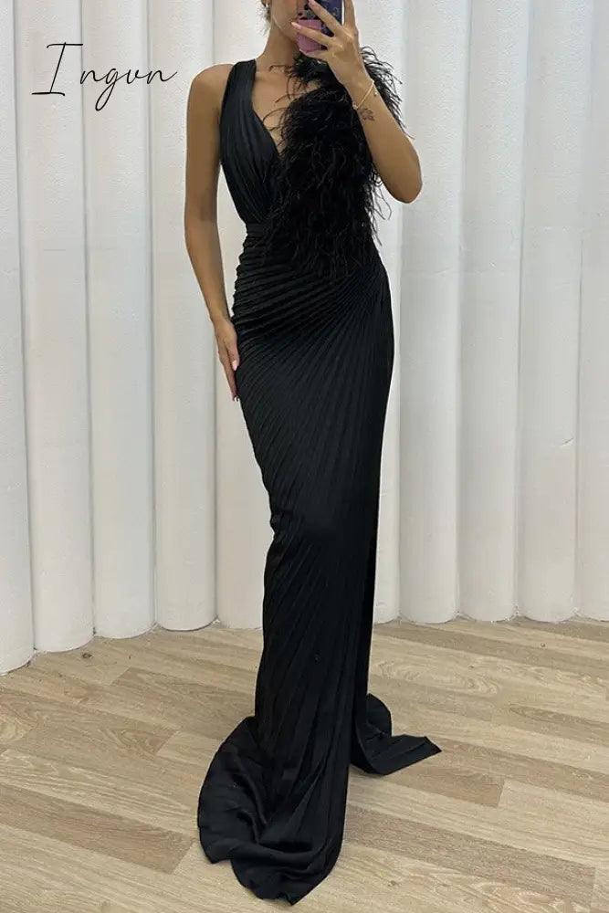 Ingvn - Sexy Solid Patchwork Pleated V Neck Long Dress Dresses