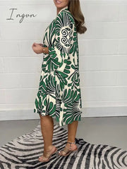 Ingvn - Women's Casual Dress Print Dress Spring Dress Floral Ruffle Button Split Neck Midi Dress Fashion Classic Outdoor Daily 3/4 Length Sleeve Regular Fit Black Blue Green Summer Spring S M L XL XXL