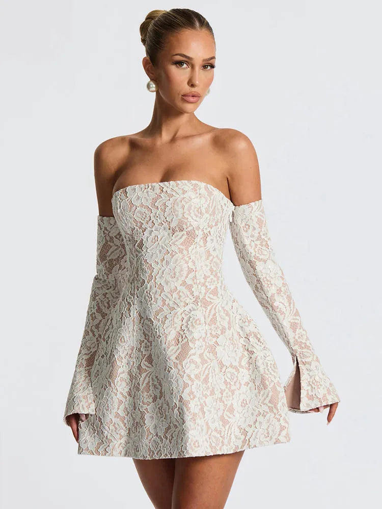 Lace Off-shoulder Backless Sexy Mini Dress Women Elegant Strapless Long Sleeve High Waist A-line Club Party Dress New