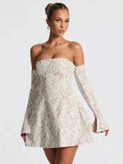 Lace Off-shoulder Backless Sexy Mini Dress Women Elegant Strapless Long Sleeve High Waist A-line Club Party Dress New