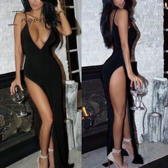 Ingvn - 2023 Fashion Trends Deep Plunge Dress Clubwear Sexy Open Chest High Thigh Split Dress Spaghetti Strap Sukienka Low Cut Bare Back Dress Maxi Party