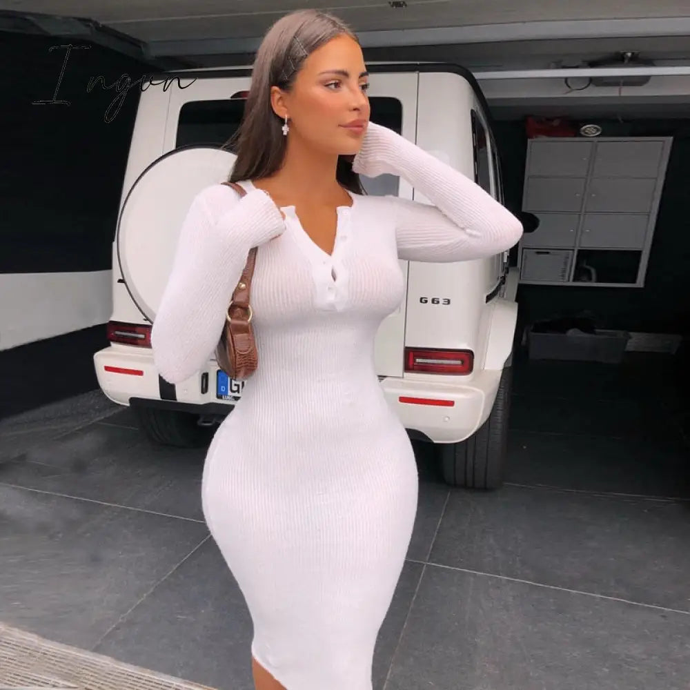 Ingvn - Dulzura Ribbed Knitted Women Midi Dress Solid Long Sleeve Buttons O Neck Bodycon Sexy Party Elegant Autumn Winter Club
