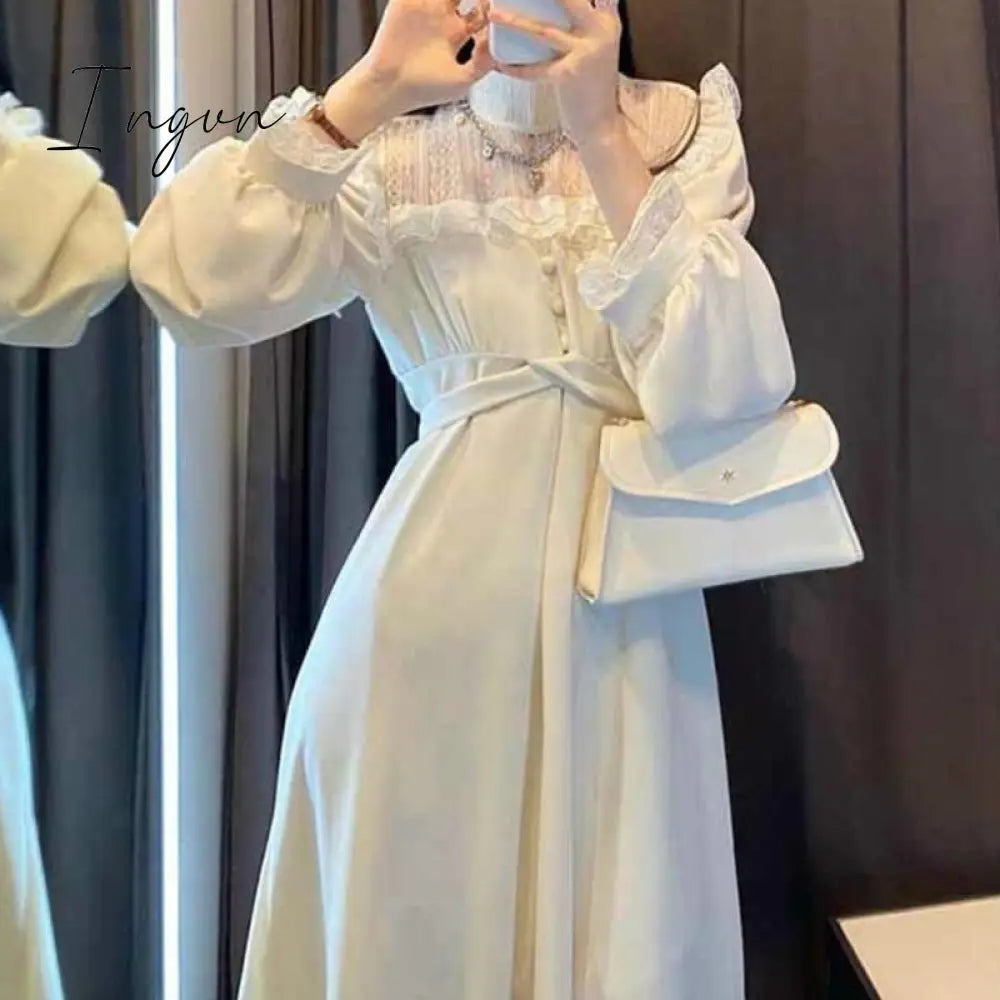 Ingvn - French Lace Vintage Dress Women Fashion Puffer Sleeve Elegant One Piece Dress Korean Spring High Street Slim Midi Dress Y2k