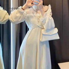 Ingvn - French Lace Vintage Dress Women Fashion Puffer Sleeve Elegant One Piece Dress Korean Spring High Street Slim Midi Dress Y2k