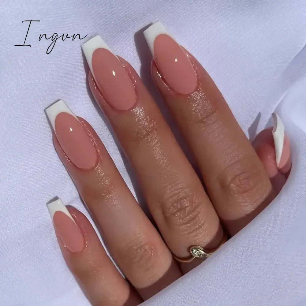 24Pcs French Tip  Press on Nails Short Coffin False Nails Simple Wearable Fake Nails Frosted Full Cover Press on Nail Tips Art