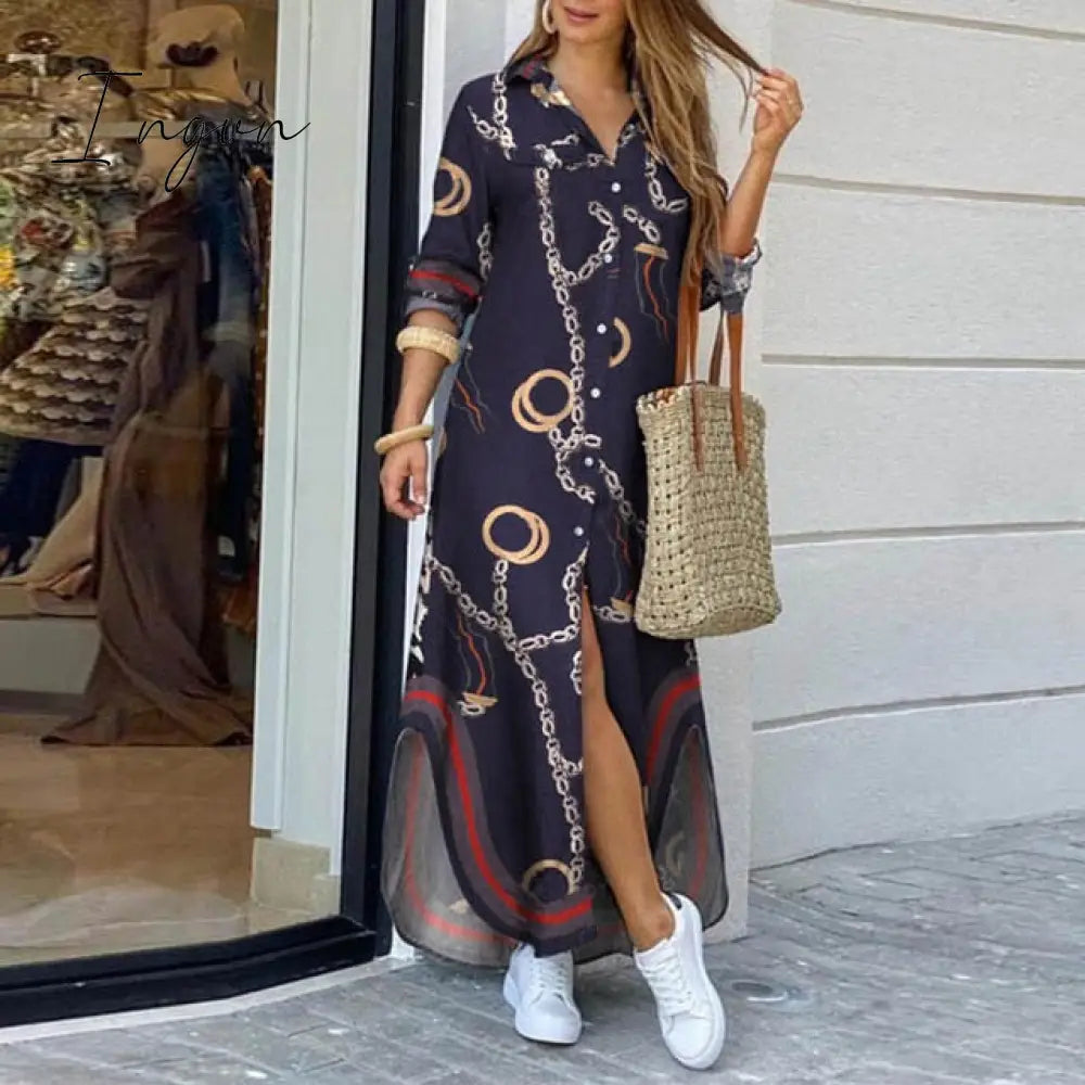 Ingvn - Fashion Women Long Sleeve Shirt Dress Autumn  Printed OL Long Dresses Laides Turn-down Collar Loose Sundress Party Dresses