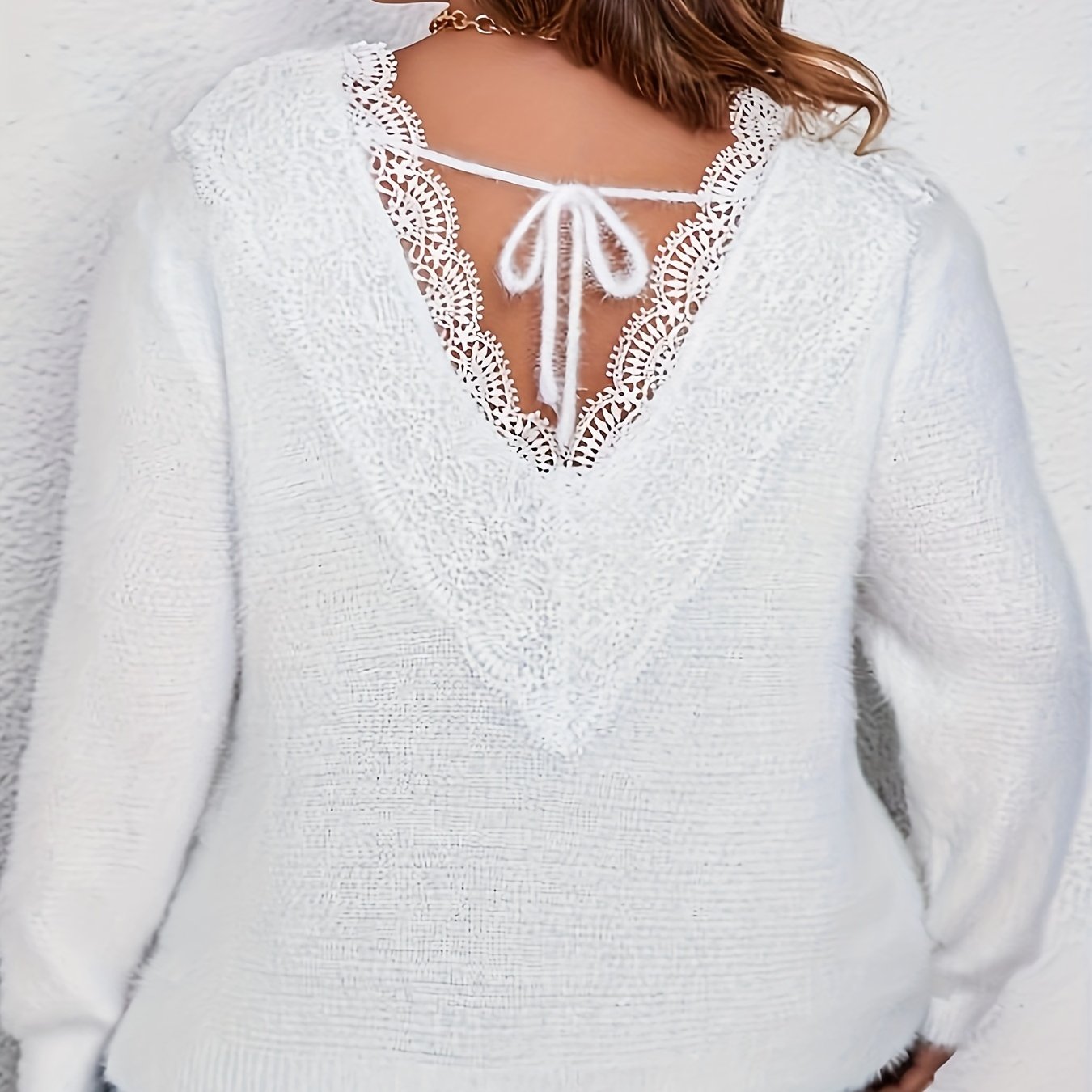 Lace Stitching Crew Neck Fuzzy Sweater, Casual Tied Back Long Sleeve Pullover Sweater, Women's Clothing
