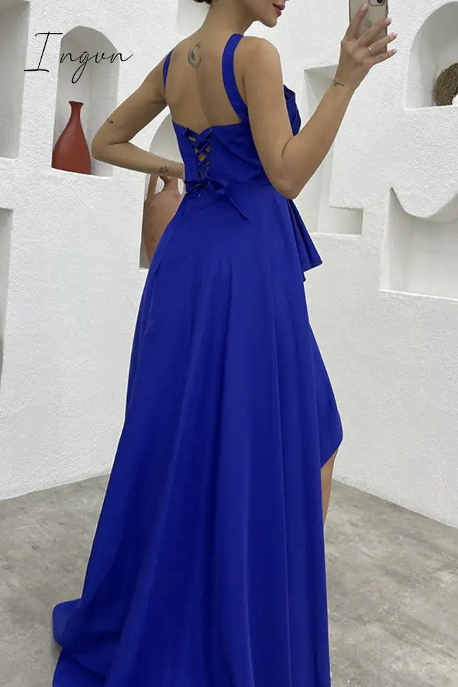 Ingvn - Elegant Formal Solid Slit Asymmetrical Halter Evening Dress Dresses
