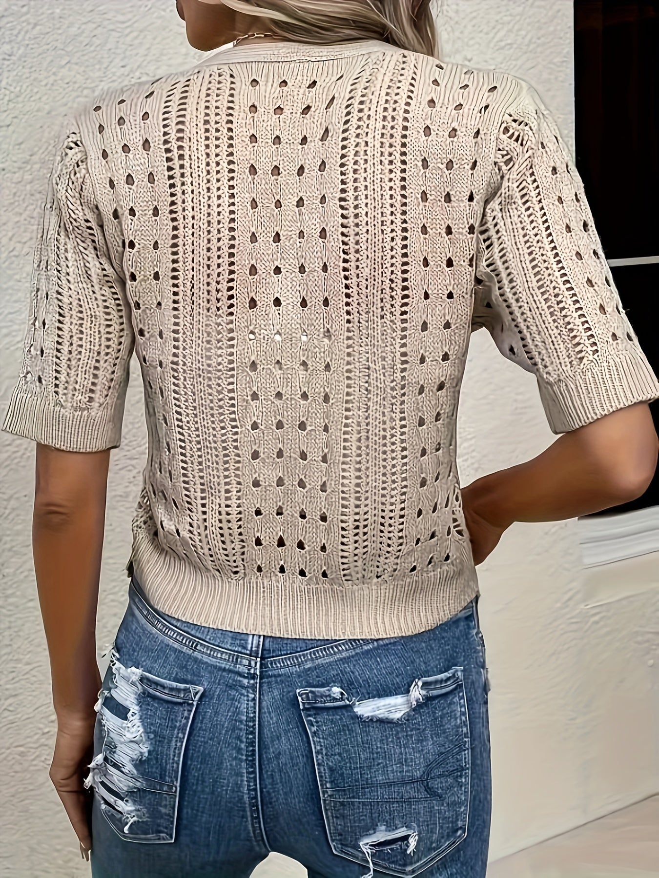 Solid Color Button Front Cardigans, Elegant V Neck Cut Out Long Sleeve Knitted Cardigans Top For Spring & Fall, Women's Clothing
