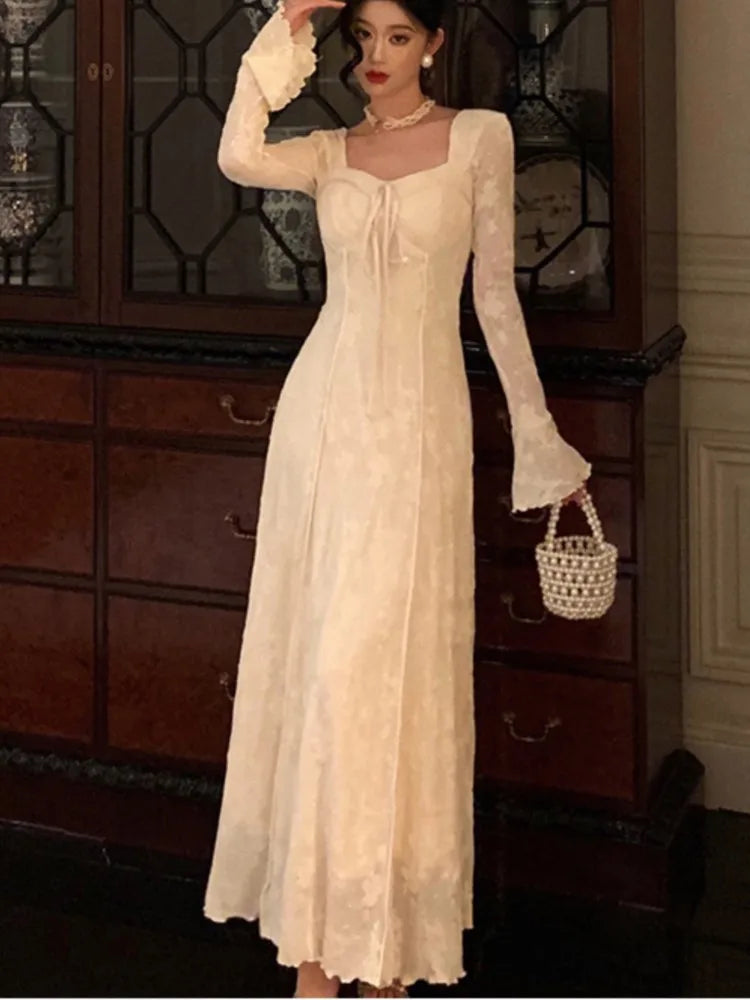 Spring Party Dress Long Sleeve Lace Up A-line Long Dresses for Women Autumn Solid Elegant Casual Prom Robe Vestidos Mujer New