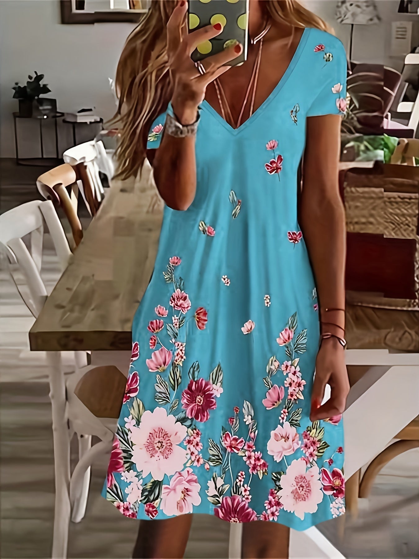 Chic Ditsy Floral Knee-High Dress – V-neck, All-Season Casual Wear, Easy-Care Polyester Lining, Mid Elasticity Fabric