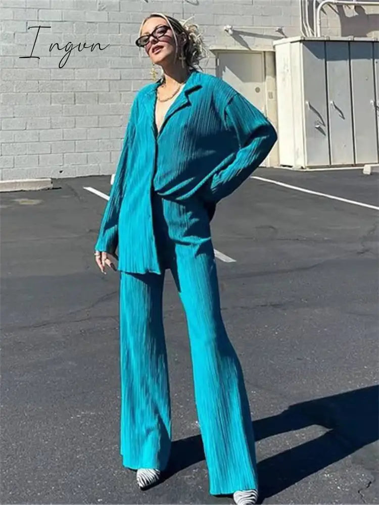 Ingvn - Women Pleated 2 Piece Pants Sets Spring Summer Streetwear Long Sleeve Button Down Shirt+Straight-Leg Pants Loose Outfits