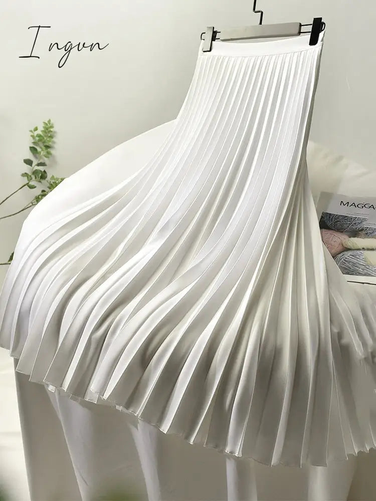 Ingvn - Brand Designer Women Spring Autumn Elegant Chic Solid Pleated Skirt High Waist Luxury Fashion With Elastic Female C-035