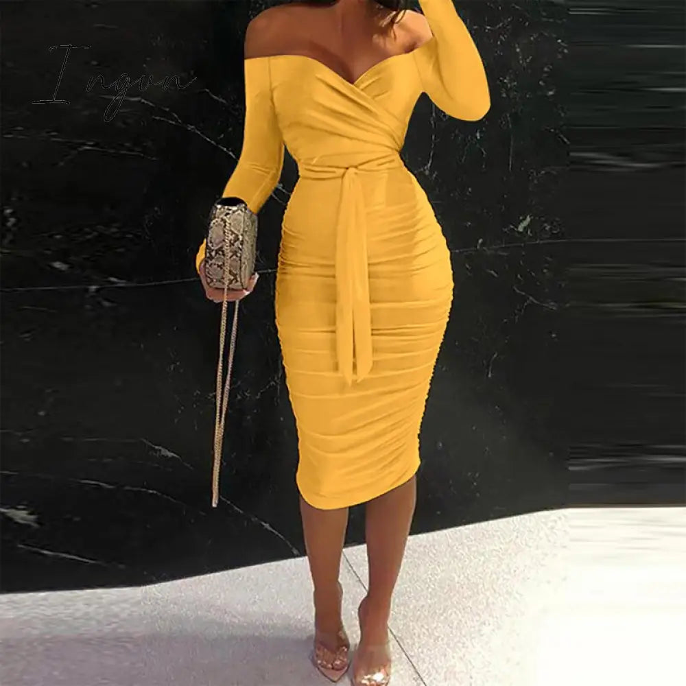 Ingvn - Women Clothing Asymmetric Collar High Waist Robe Slit Dress Chic Solid Short Sleeve Elegant Fashion Prom Banquet Dress New