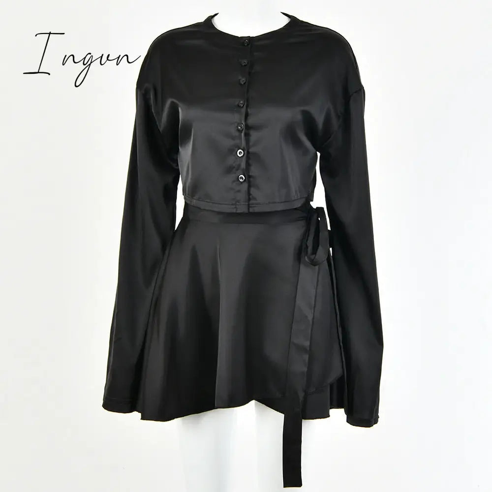Ingvn - Casual Satin Two Piece Dress Set For Women White O-neck Button Top Bandage Mini Pencil Skirts Outfits Fashion Party Suit