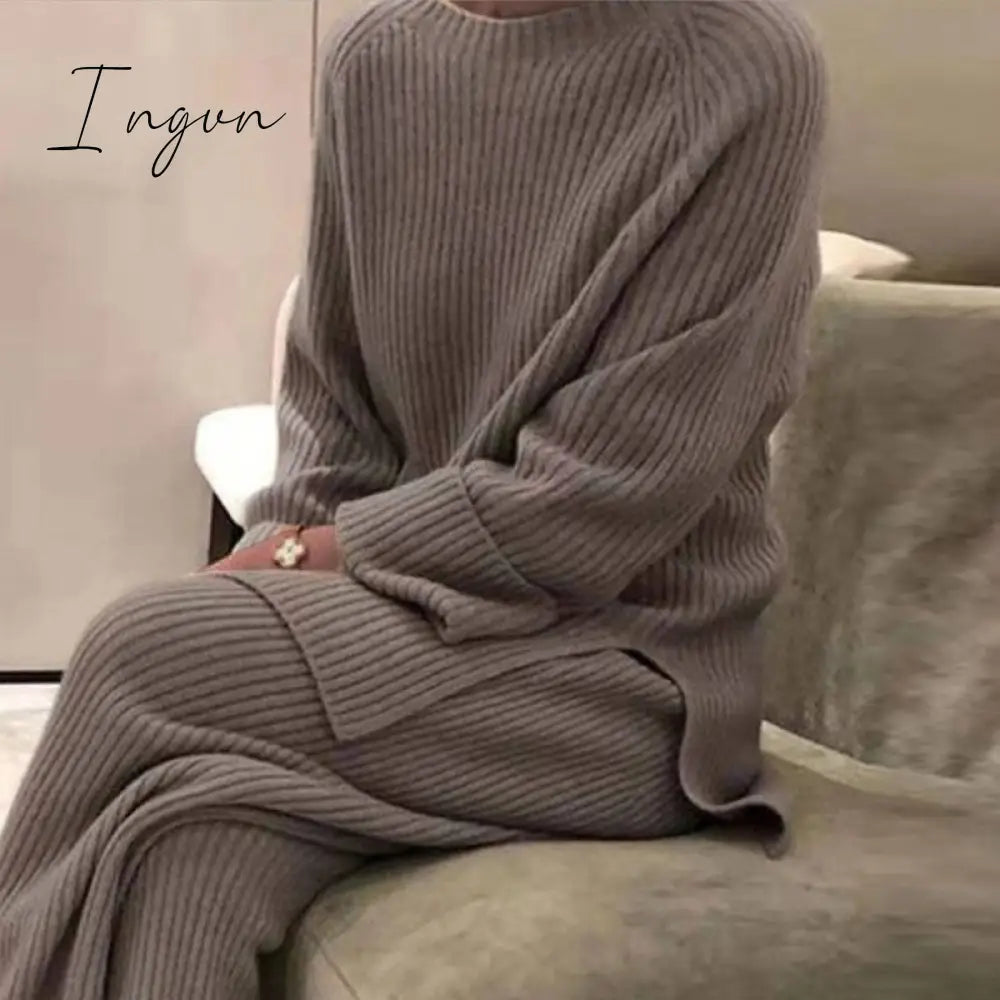 Ingvn - New Fashion Homewear Women Soft 2 Piece Set Autumn Winter Solid O Neck Pullover Tops Knitted Pants Elegant Lady Pajama Home Suit