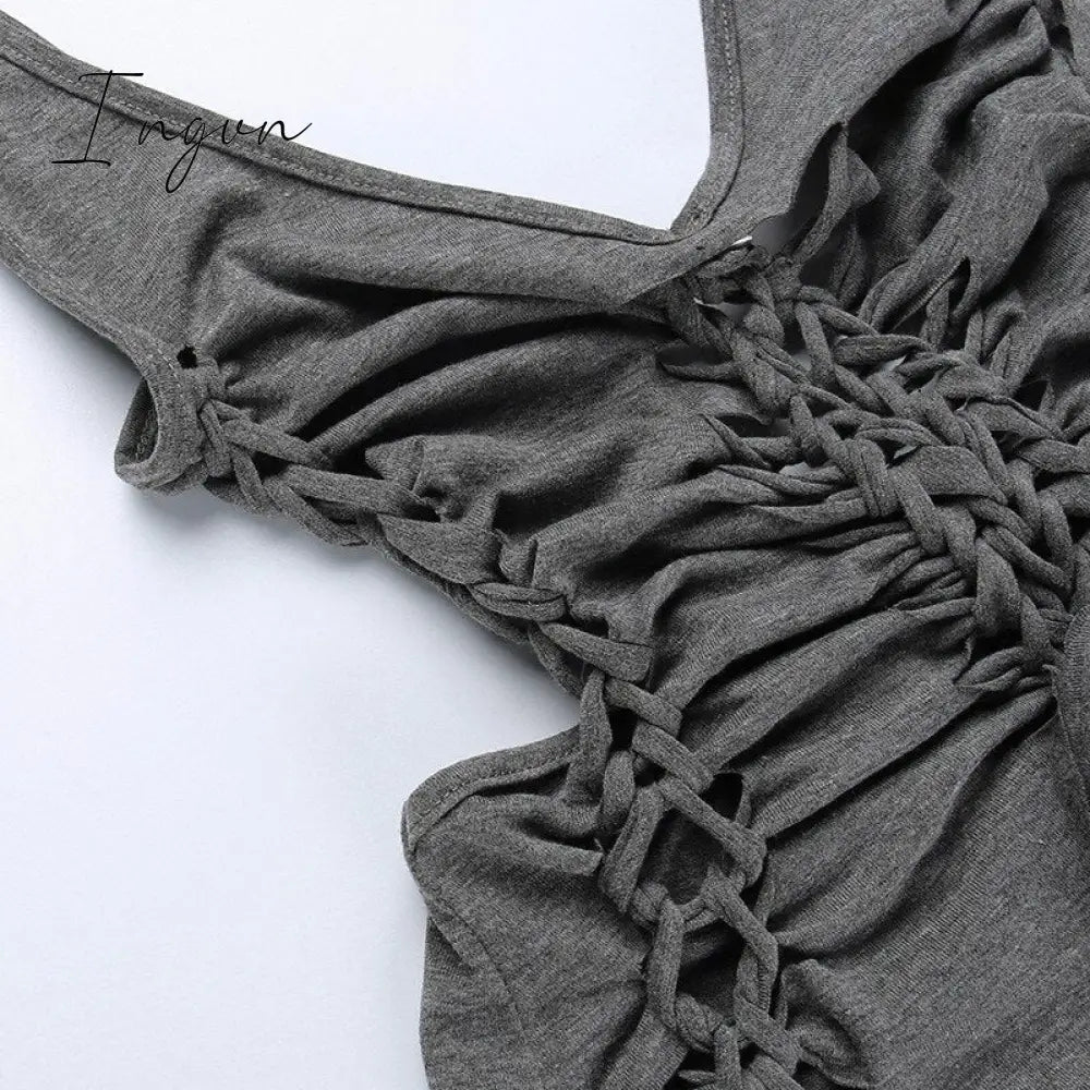 Ingvn - Dark Gray Hollow Out Mini Dress Sexy Drawstring Bandage Backless Summer Dresses for Women 2023 Birthday Party Clubwear