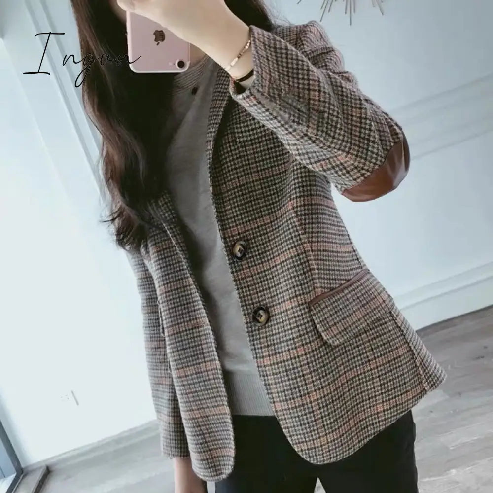 Ingvn - New Fashion Business Interview Plaid Suits Women Work Office Ladies Long Sleeve Vintage Blazer