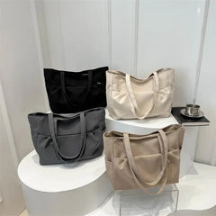 Ingvn  Casual Early Autumn Women Nylon Large Capacity Smooth Shoulder Bag Commuter Supple Solid Colour Ruched Outer Pocket Handle Bag