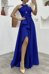 Ingvn - Elegant Formal Solid Slit Asymmetrical Halter Evening Dress Dresses