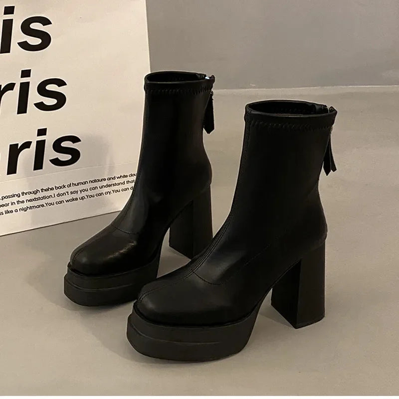 Platform Boot Shoes for Women Modern Western Black Femme Botas Punk Goth Female Winter High Heeled Shoes Round Toe Heels Botines