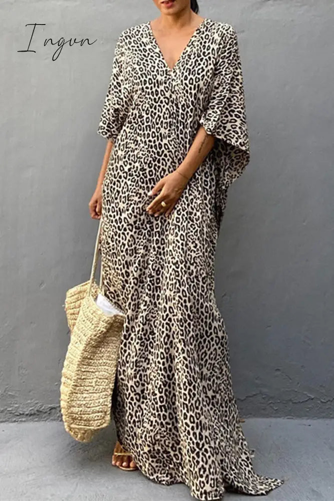 Ingvn - Vintage Vacation Print Leopard Slit Swimwears Cover Up