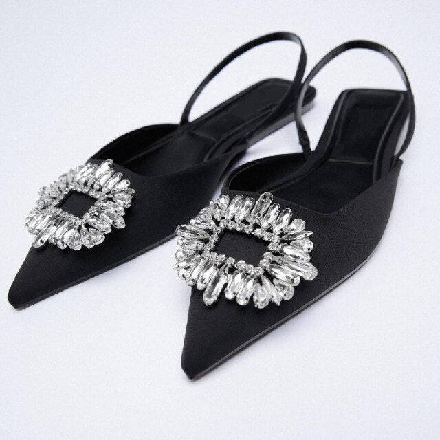 ZA Women's Shoes 2026 Summer New Yellow Rhinestone Buckle Slingbacks Shoes Pointed Toe Flat Elegant Wedding Shoes
