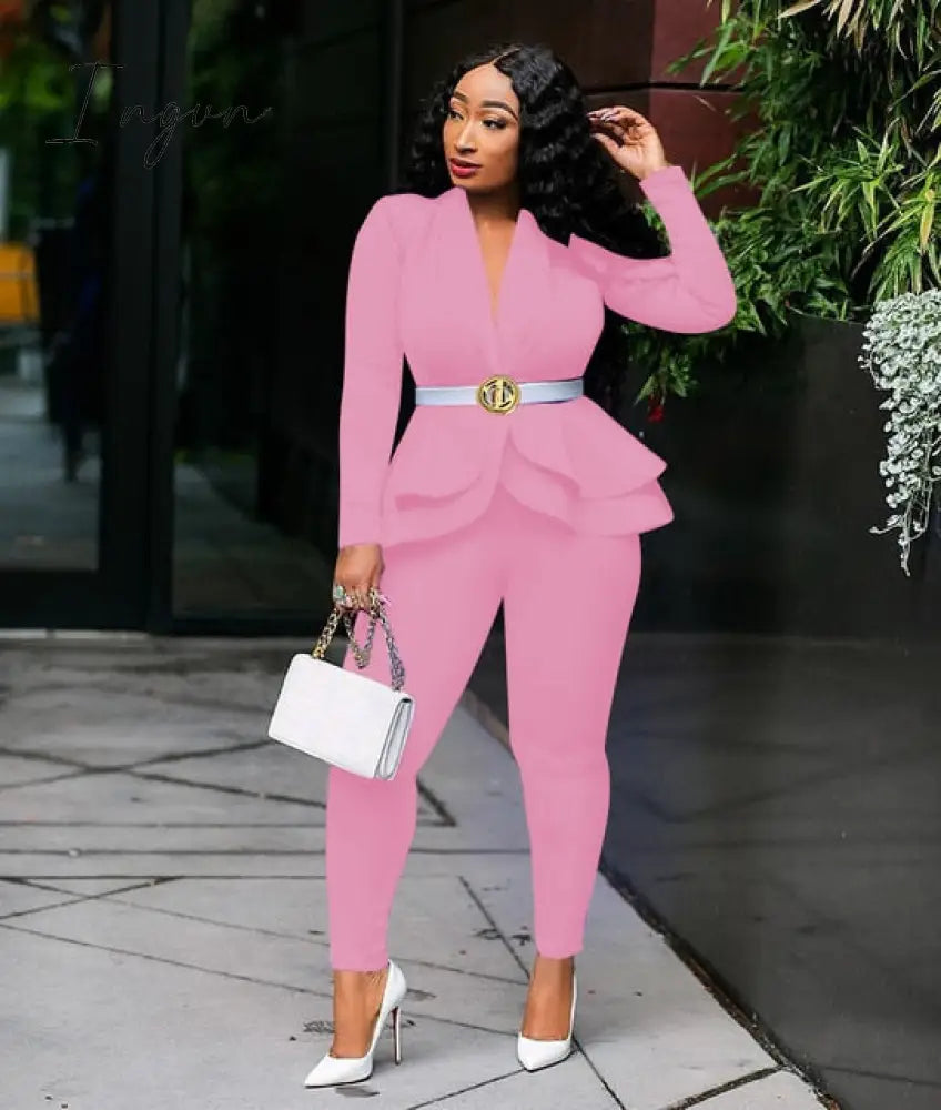 Ingvn - New Women Winter Women's Set Tracksuit Full Sleeve Ruffles Blazers Pencil Pants Suit Two Piece Set Office Lady Outfits Uniform