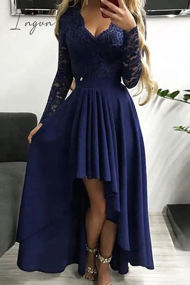 Ingvn - Celebrities Elegant Patchwork Lace Solid Color V Neck A Line Dresses