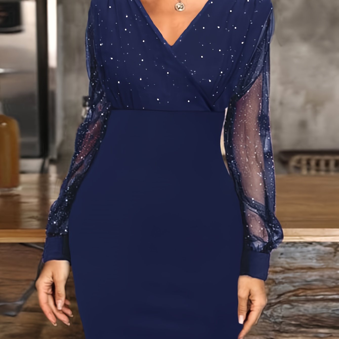 Solid Sequin Stitching Lace Long Sleeve Dress, Elegant Mesh Slim Sexy Party Dress, Women's Clothing