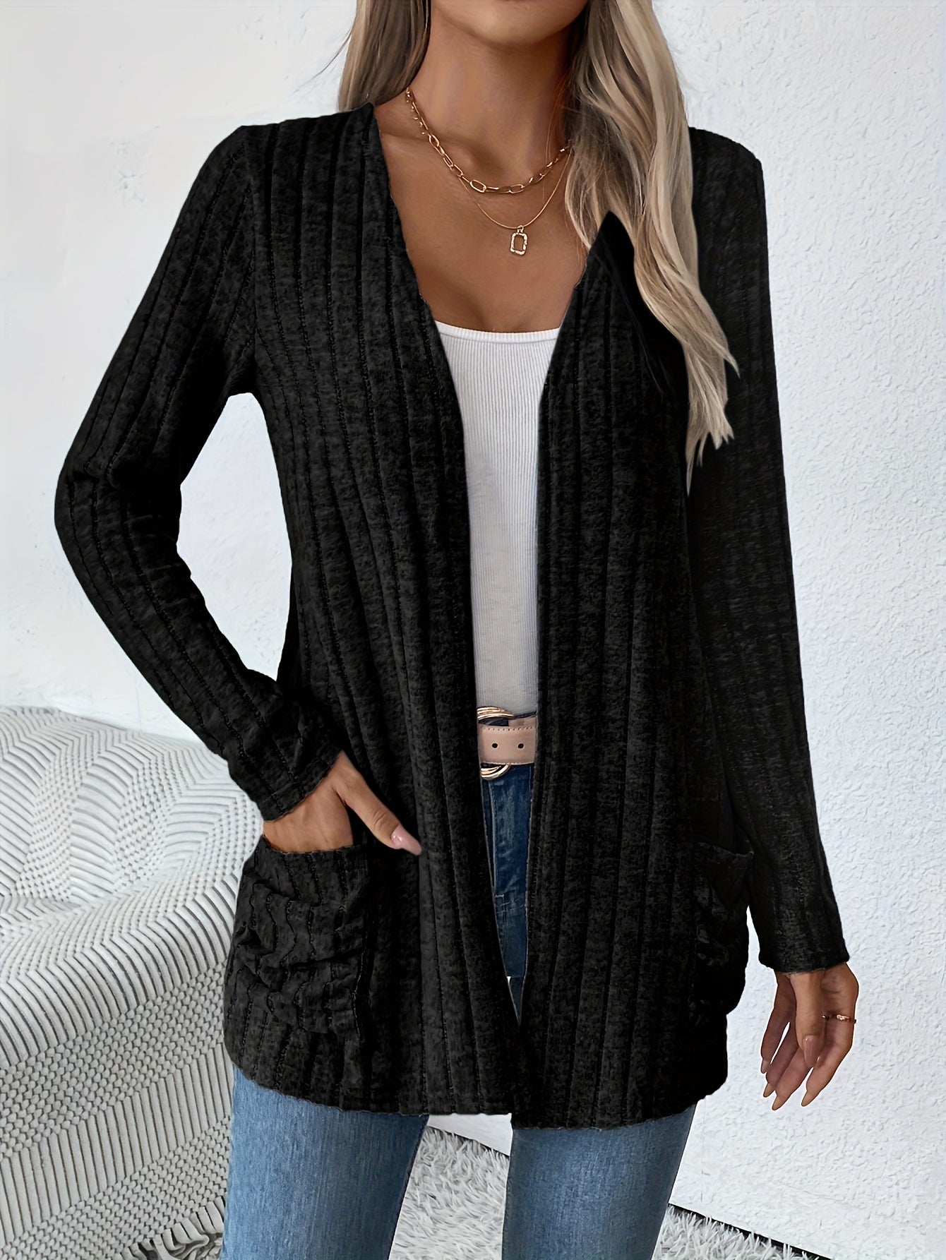 Cozy Ribbed Cardigan - Casual Jackets for Women with Dual Pockets and Long Sleeves for Spring and Fall - Soft, Open Front, and Versatile