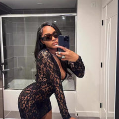 European and American Solid Color Lace Sexy Low Neck Hollow Long Sleeve Hip Skirt Women's Slim-fit dress Summer