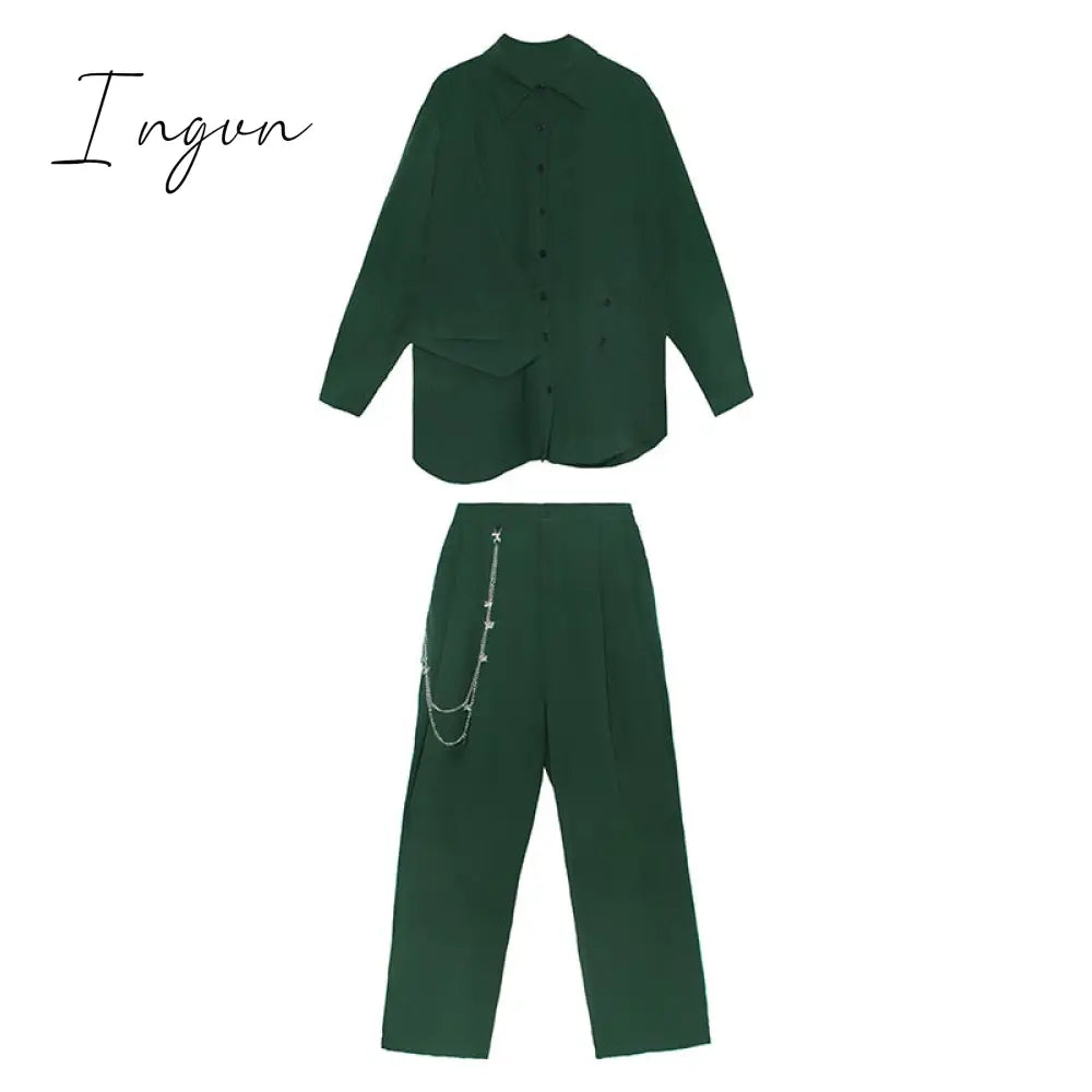 Ingvn - Wide Leg Pants Irregular Big Size Two Piece Suit New Lapel Long Sleeve Loose Fit Women Fashion Spring Autumn