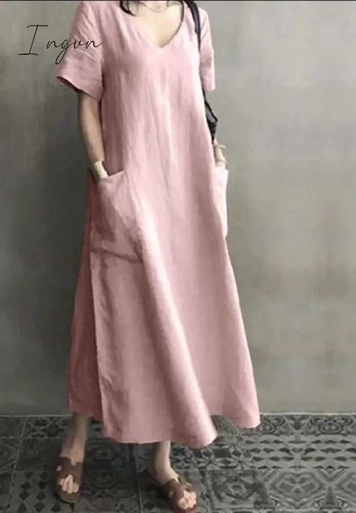 Ingvn - Women Long Maxi Summer Dress Casual Cotton Linen  Ladies Big Pockets Beach Party Robe Femme Vestidos Plus Size 5XL