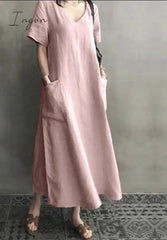 Ingvn - Women Long Maxi Summer Dress Casual Cotton Linen  Ladies Big Pockets Beach Party Robe Femme Vestidos Plus Size 5XL
