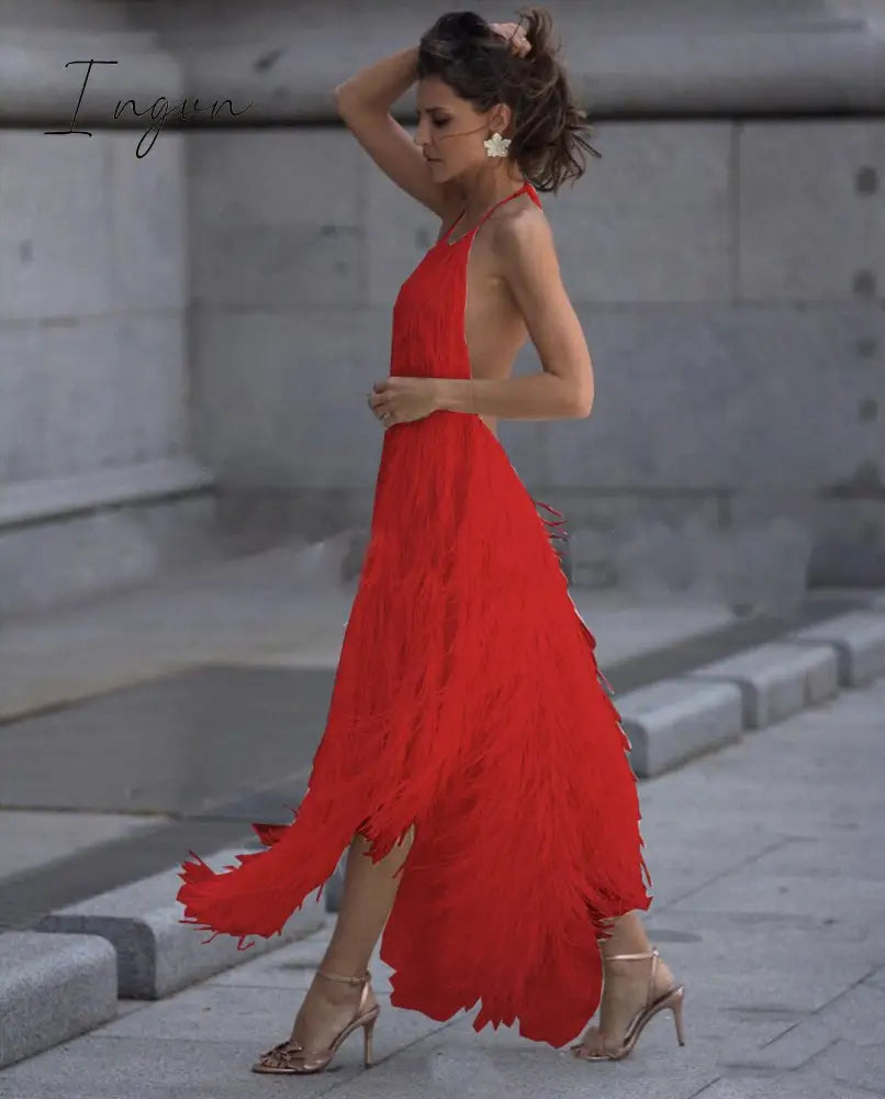Ingvn - Sexy Backless Sleeveless Tassel Maxi Dress