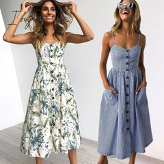 Ingvn - Vintage Casual Sundress Female Beach Dress Midi Button Backless Polka Dot Striped Women Dress Summer Boho Sexy Floral Dress