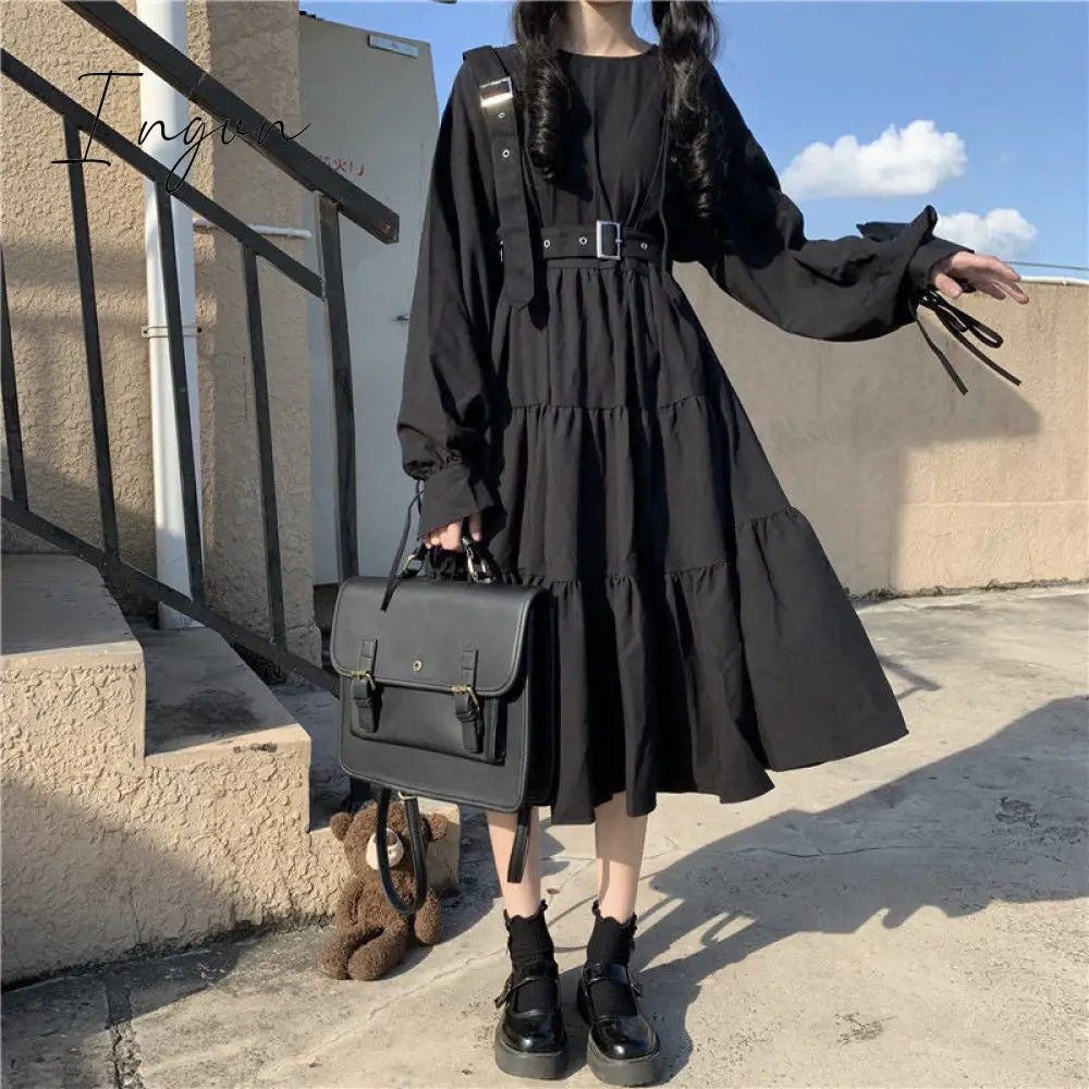 Ingvn - Gothic Style Dress Women Harajuku Gothic Lolita Kawaii Dress Punk Cute Long Sleeve Black Midi Dress Emo Mall Goth