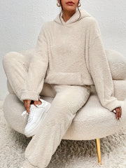 Solid Teddy Two-piece Set, Long Sleeve Kangaroo Pocket Hooded Tops & Long Length Warm Pants Outfits, Women's Clothing