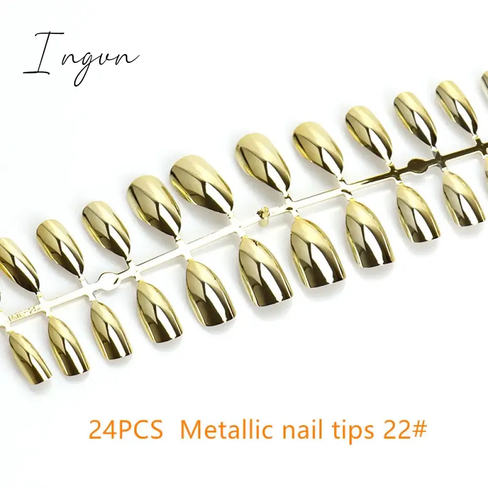 Nails STILETTO Fake Nail Tips 12pcs/Box Metallic False Nail Art Manicure Press on Nails Mirror Look