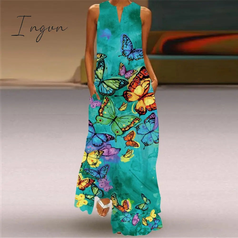 Ingvn - Fashion White Summer Dress Casual Breathable Butterfly Print Long Dresses Woman Sleeveless Beach Maxi Dress Women