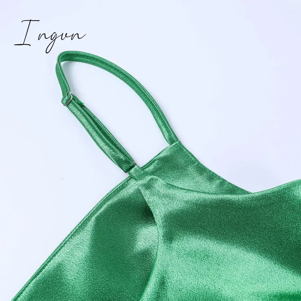 Ingvn - Satin Side Split Ruched Women's Dress Sleeveless Square Collar Party Dresses Solid Elegant Clubwear Evening Vestidos